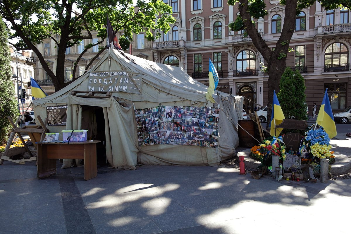Relatives of members of a volunteers battalion collect money and inform about the ongoing war in the east of Ukraine