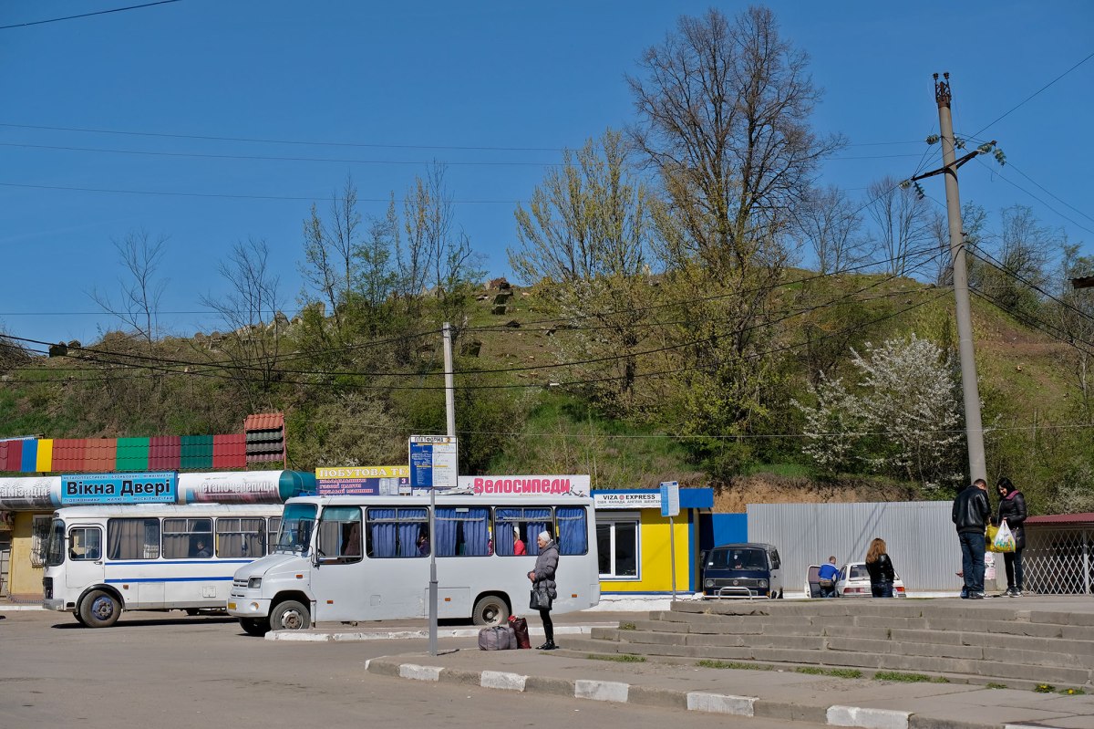 Buchach - bus station with Jewish cemetery in the background